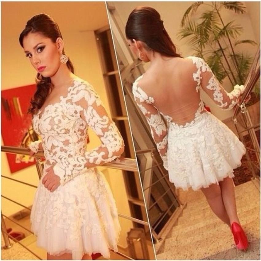 sachin and babi light blue dress Long Sleeve Short Party Dresses Illusion Sweetheart Neckline See Through  Back White Lace Tulle Mini on Luulla