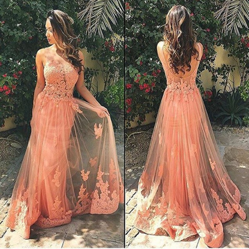 Coral Long Lace Prom Dress Sheer Top Backless Sweep Train Sweetheart Formal Gown Sexy Summer Special Occasion Wear