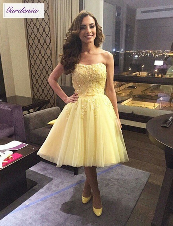 Tea Length Yellow Prom Dresses Sweetheart Backless A Line Short