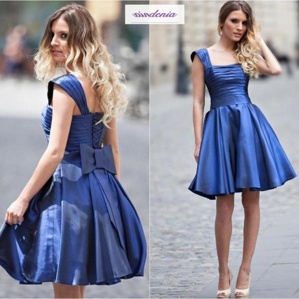 Blue Knee Length Short Party Dresses For Girls Lace-up Back Satin Cute ...