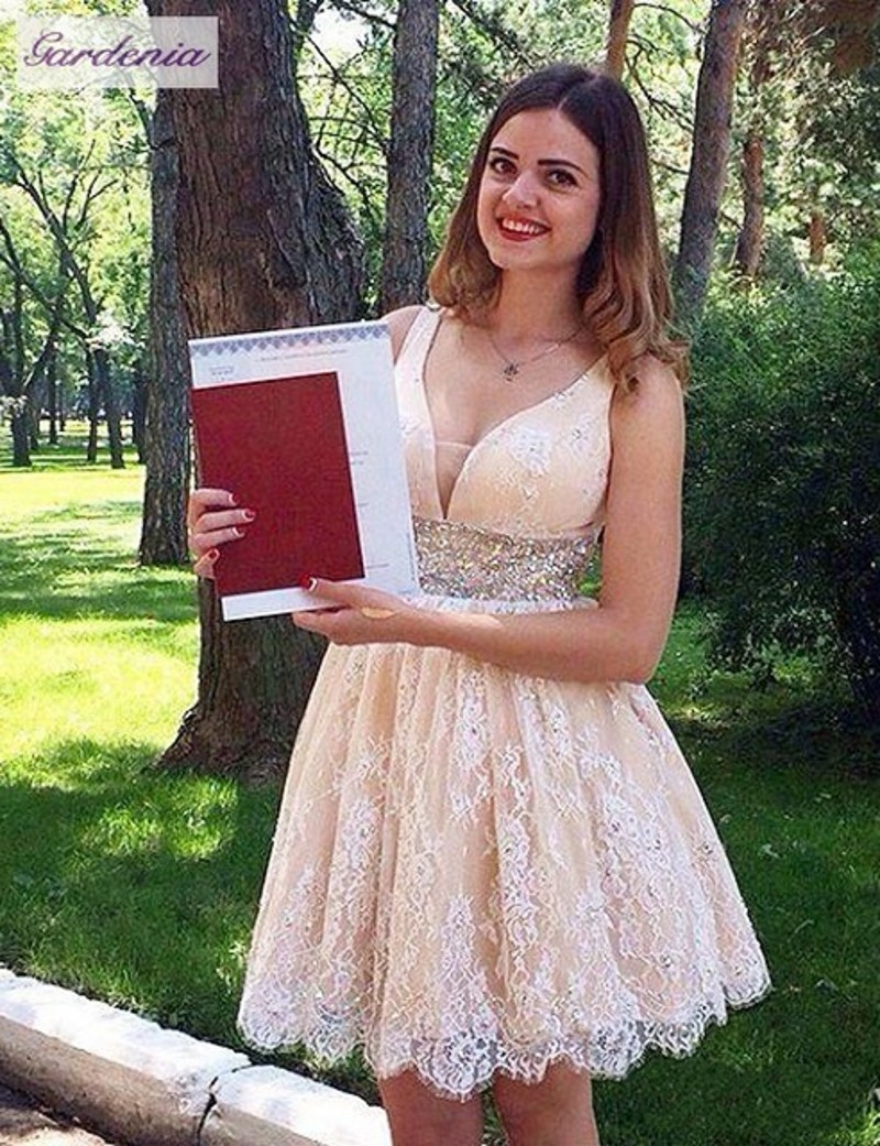 Custom Made Round Neck Backless Black Short Lace Prom Dresses, Short Lace Graduation Dresses, Homecoming Dresses